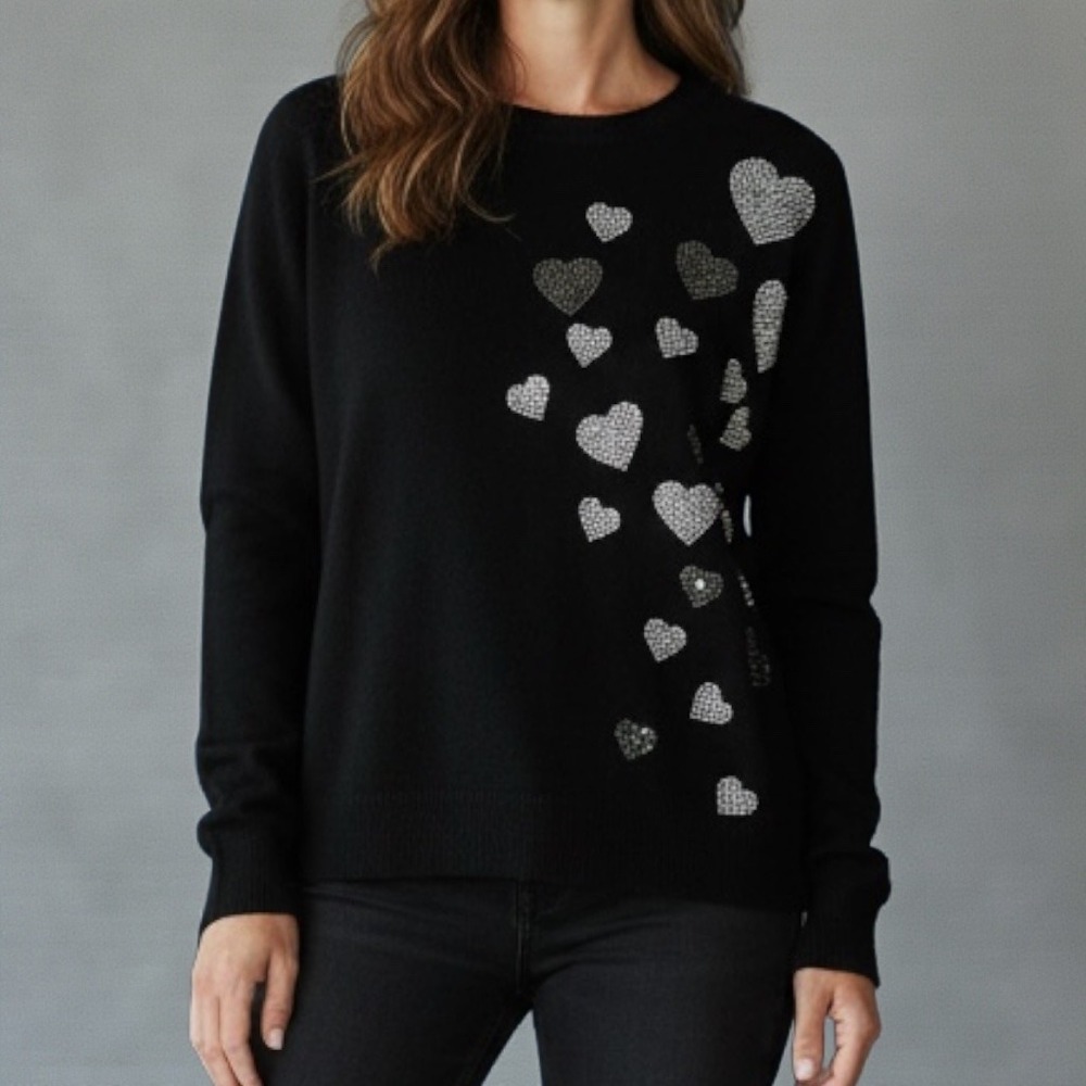 S. Christina Valentines Heart Rhinestones Glam‎ Black Cashmere Sweater Boxy L-XL